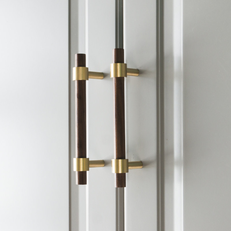 Nordic simple brass pure copper walnut beech handle INS wardrobe furniture integral cabinet door drawer double hole handle