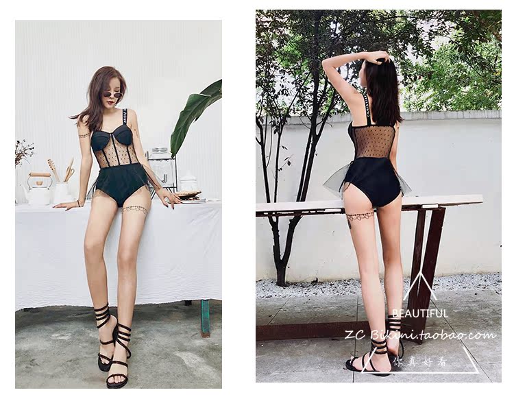 Ins net đỏ 2019 áo tắm mới nữ đính kèm sóng trong suốt ren eo eo sinh viên áo tắm mỏng bảo thủ đồ bơi nữ liền thân