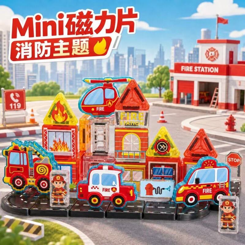 Children's Portable Pocket Mini Magnetic Engineering Fire Truck Police-Themed Building Magnetic Tiles Educational Toy