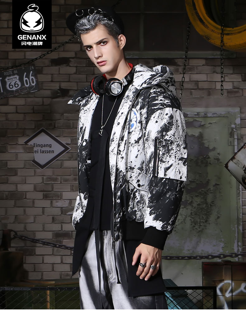 GENANX sét thủy triều thương hiệu cotton nam sườn in xu hướng thời trang mới mùa đông những người yêu thích áo khoác nam trùm đầu áo khoác đẹp