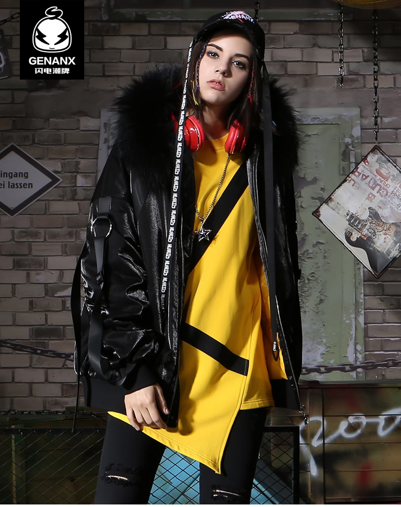 GENANX sét triều thương hiệu áo cặp đôi mùa đông thời trang mới hip hop in teen lông cổ áo nam đồ cặp với người yêu