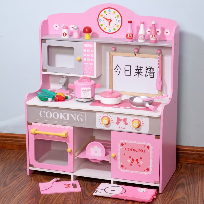 Wooden European-style pink play house wine kitchen children's kitchen toy set girl kitchen utensils kitchen utensils cooking set