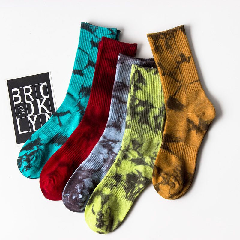 Spring and Summer Thin Socks for Men, Trendy Tie-Dye Mid-Calf Socks, Couple Style, Korean Street Hip-Hop Pure Cotton Long Socks, High-Top ins