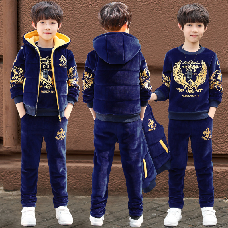 Boy autumn winter clothing gold velvet suit 2022 new children suit thickened and added with three sets of Korean version of winter boomer