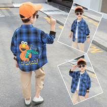 Boys plaid long-sleeved shirt autumn style stylish cartoon cotton top autumn and winter casual middle and large childrens shirt plus velvet