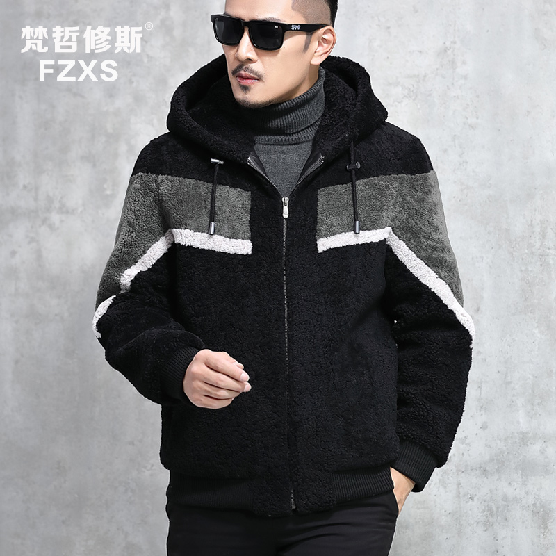 Haining Fur Sheep Shearing Men's Lamb Wool Coat Fur All-in-One Men's Genuine Leather Short Hooded Jacket Men's