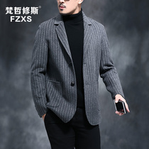 Double-sided woolen coat mens short vertical striped wool coat without cashmere niece jacket business autumn suit