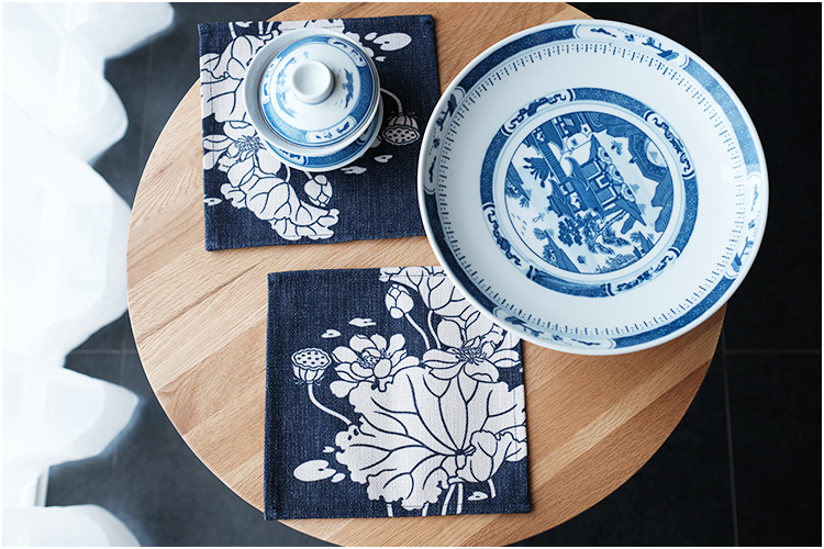Gốc Trung Quốc in bông vải lanh nghệ thuật đế lót ly placemat pad cách nhiệt bảng mat bàn cà phê mat bát mat sen xanh khăn trải bàn học caro