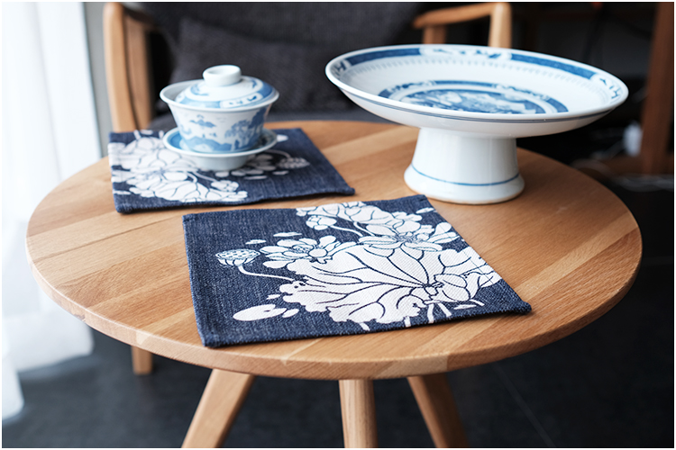 Gốc Trung Quốc in bông vải lanh nghệ thuật đế lót ly placemat pad cách nhiệt bảng mat bàn cà phê mat bát mat sen xanh khăn trải bàn học caro
