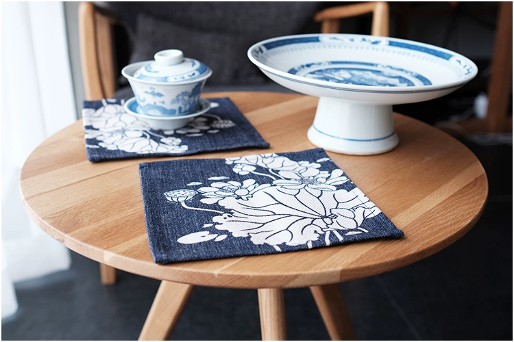 Gốc Trung Quốc in bông vải lanh nghệ thuật đế lót ly placemat pad cách nhiệt bảng mat bàn cà phê mat bát mat sen xanh khăn trải bàn 3d