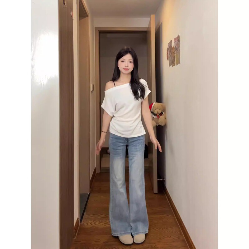 American Style Bootcut Jeans for Women, Summer Plus Size, Loose Fit, Blue, Versatile, Slimming, Long Pants