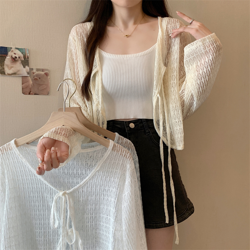 Summer Thin Shawl Hollow-Out Cover-Up Sun Protection Small Jacket for Women Plus Size Fat mm Outerwear Tie-Up Ice Silk Cardigan Top