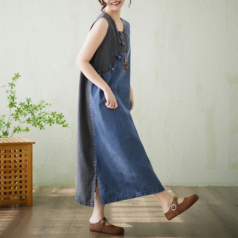 Summer New Plus-Size Women's Clothing Retro Button-Up Color-Blocked Loose Long Slit Denim Long Vest Dress