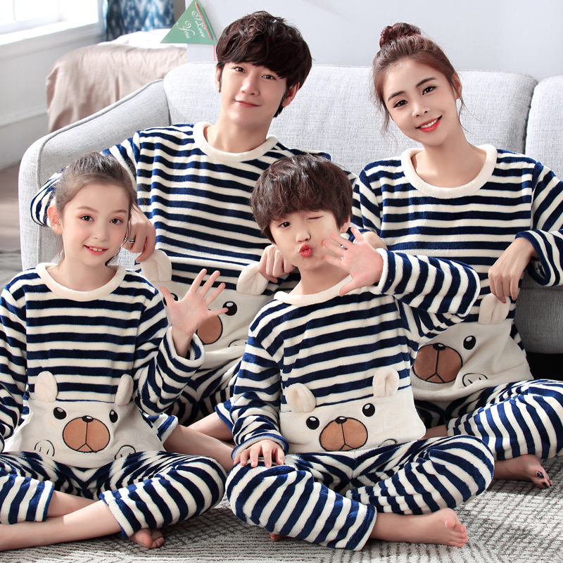 Children's flannel pajamas boys and girls autumn and winter mother and daughter parent-child wear coral velvet family three home service suit