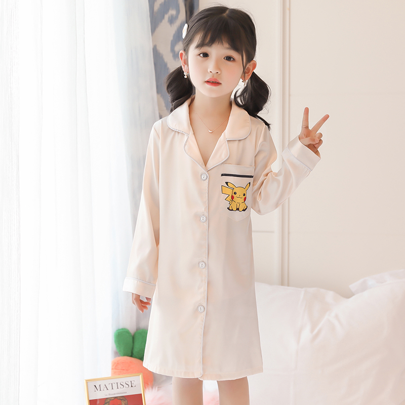 Children's nightgown girls spring and autumn long sleeves ice silk girls primary school home wear thin summer parent-child mother-daughter skirt