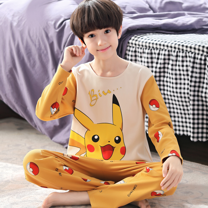 Pyjamas men spring and autumn pure cotton long sleeve cartoon teen junior middle school boys autumn and winter thin home suit