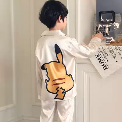 Boys' pajamas thin summer ice silk 12-year-old boy long-sleeved air conditioning set Zhongdai 15 children's home clothes