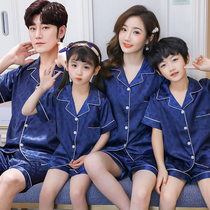 Parent-child pajamas a family of three four girls mother and daughter summer short-sleeved shorts ice silk thin family home service suit