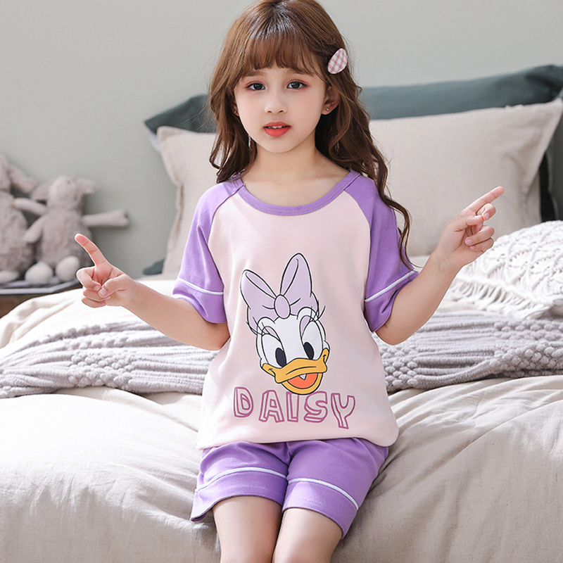 Girls pajamas summer short-sleeved cotton girl baby thin section middle and big children mother and daughter parent-child home service children's suit
