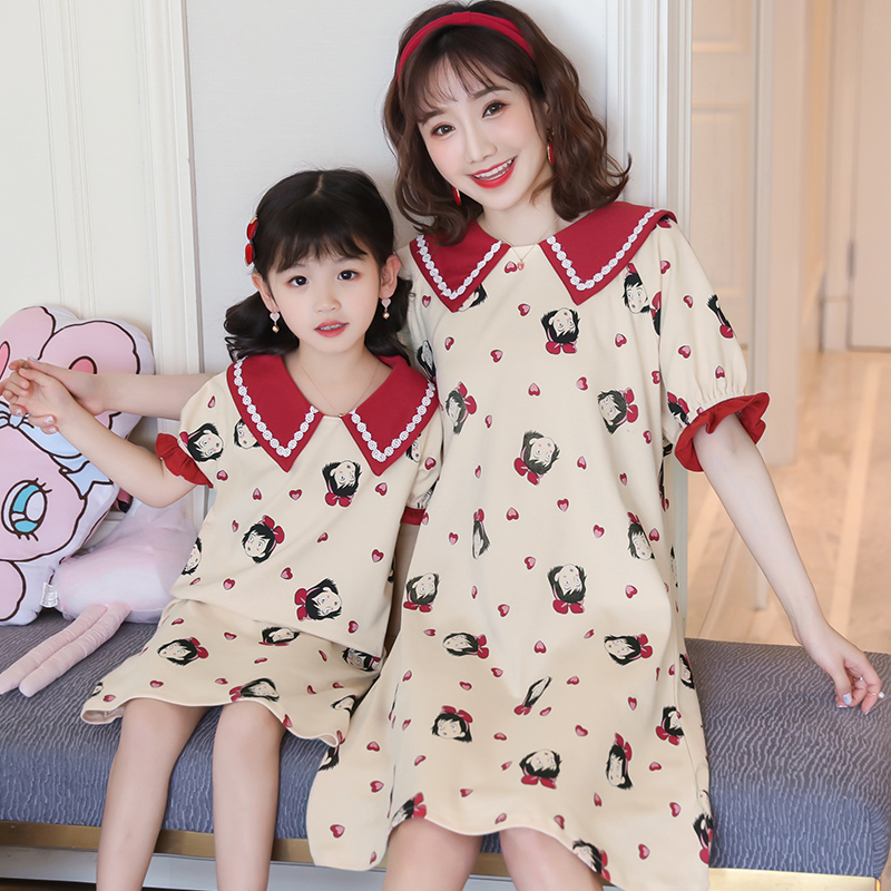 Girls nightdress short sleeves princess cotton summer children's pajamas girls in the eldest child parent-child mother-daughter nightgown homewear