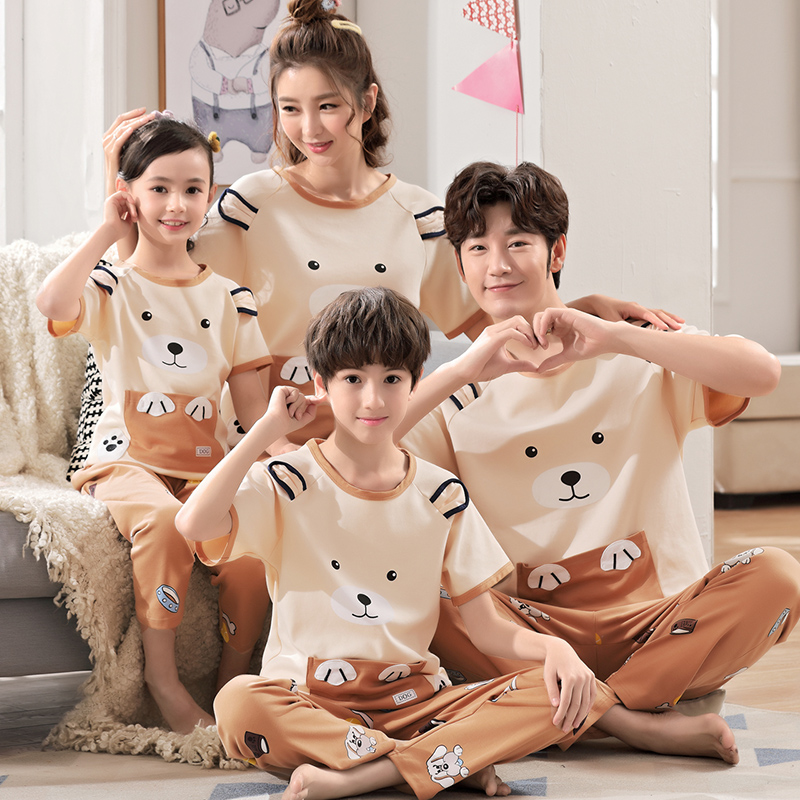 Parent-child pajamas summer cotton short-sleeved trousers a family of three thin pajamas boys and girls cotton air-conditioning home clothes