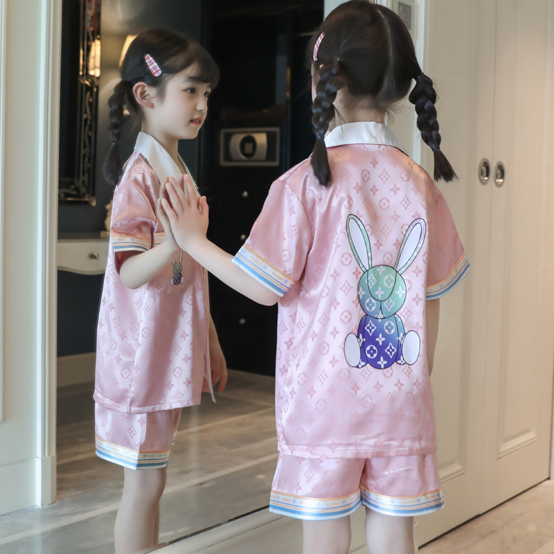 Children's Ice Silk pajamas girls summer short-sleeved silk thin middle-child girl princess air-conditioned home clothing set