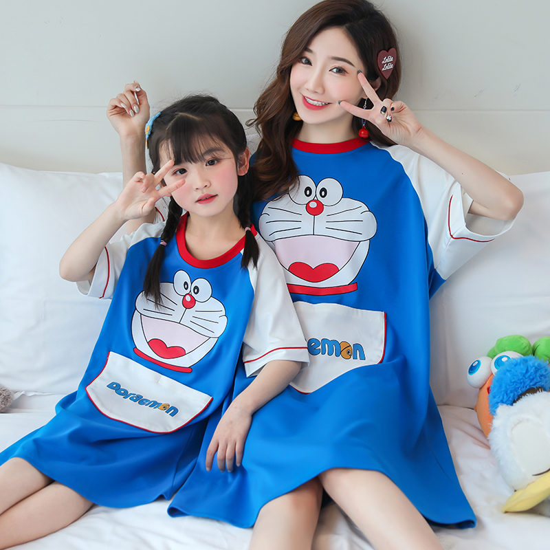 Mother and daughter nightdress summer cotton short-sleeved thin section girl princess children's pajamas parent-child outfit summer girl dress