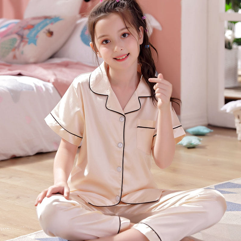 Girl Sleepwear Thin Ice Silk Children Short Sleeve Long Pants Summer Spring Autumn Silk Girls CUHK Children's Home Suits Suit