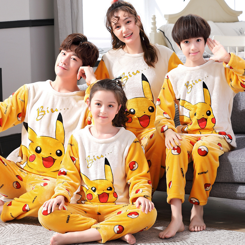 Autumn and winter style Parenting Pyjamas Coral Suede Family of three-mouthed Thickened Cartoon Cute Suit Boy Girl's Home Clothes