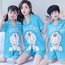 Childrens pajamas summer short-sleeved ice silk boys and girls baby childrens clothing thin section children parent-child summer home clothing