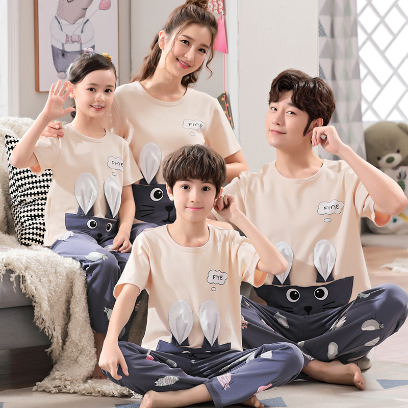 Parent-child Sleepwear Spring Summer Mother Woman Home Clothes Mother And Son Family Three-Mouth Short Sleeve Long Pants Full Cotton Thin Half Sleeve Suit