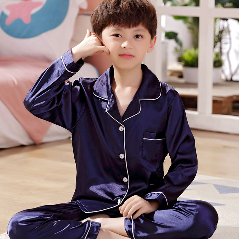 Child Sleepwear Spring Summer Boy Long Sleeve Ice Silk Boy CUHK Boy Junior High School Raw Male Teen Fall Suit