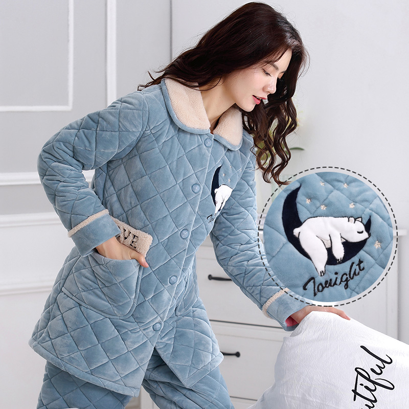 Winter pajamas women's coral velvet three-layer padded thickened warm flannel quilted jacket Autumn and winter flannel home suit suit