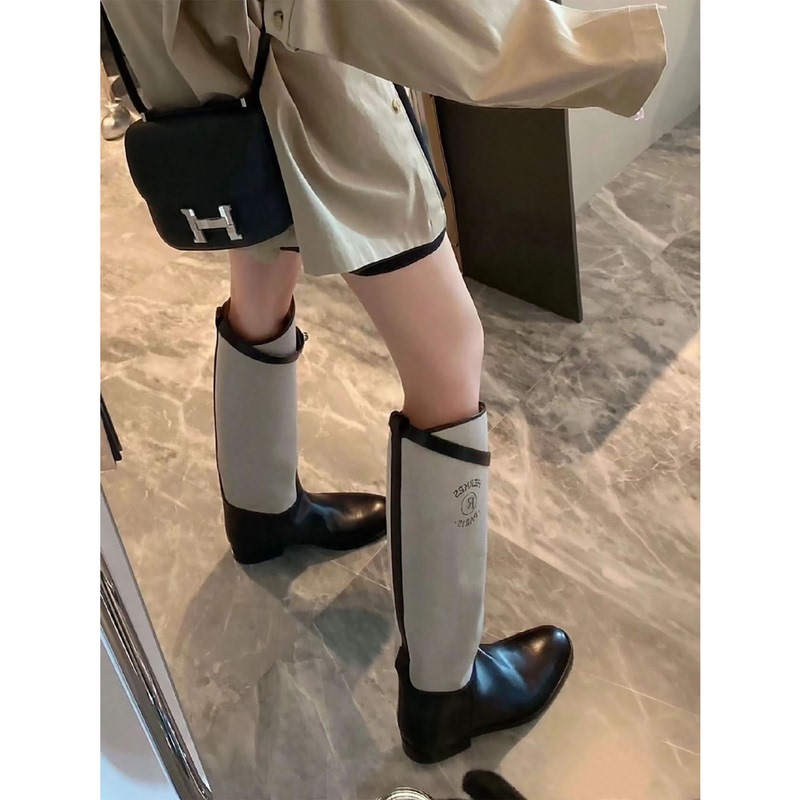 Genuine Leather High Boots, Black Riding Boots, H Brand Patchwork Straight Boots, Autumn and Winter Slimming Wide Boots
