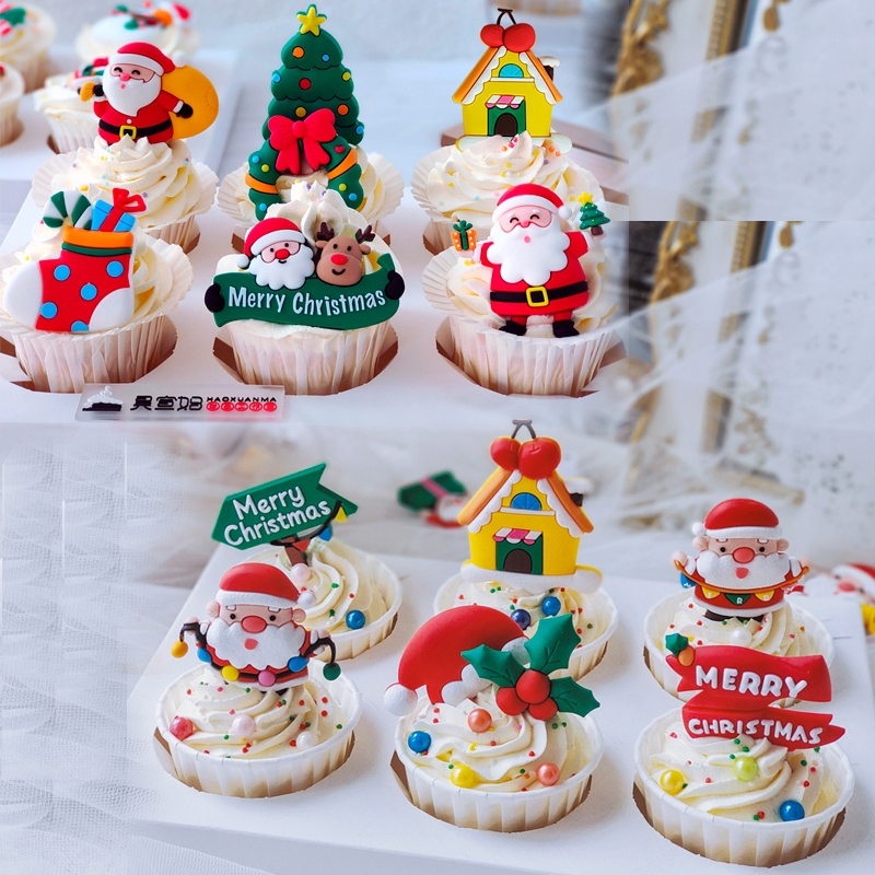 Christmas Cupcake Decorations Soft Rubber Santa Claus Reindeer Socks Hat Holiday Decoration Birthday Baking