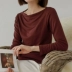 2018 mùa thu mới của Hàn Quốc áo cotton đáy quần nữ dài tay buông xõa vai rắn màu áo thun lửng Áo phông