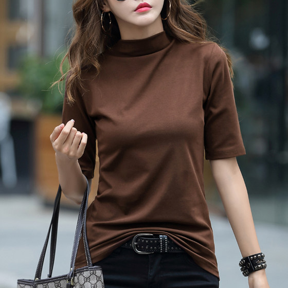 2022 autumn new style mid-sleeve half-turtle collar bottoming shirt for women plus size coffee color inner style short-sleeved T-shirt for women