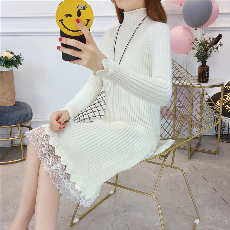 Áo len mùa thu đông của phụ nữ đứng đầu trong phần dài cộng với nhung dày nửa cổ cao đan đáy áo ren bên hông áo len mỏng áo thu đông nữ