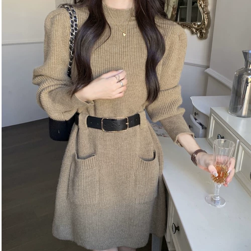 Демисезонное трикотажное платье, длинный дизайнерский свитер, приталенная юбка, корсет, мини-юбка, по фигуре, А-силуэт