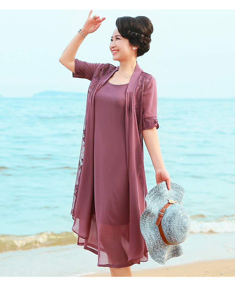 Trung niên nữ mùa hè ăn mặc trong đoạn dài hai mảnh váy mẹ mùa thu váy chiffon trong váy của phụ nữ lớn tuổi áo khoác tuổi trung niên