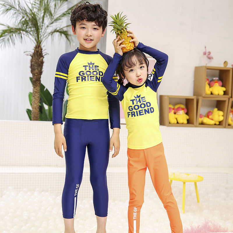Beach surfing boys and girls children's swimsuit suit long-sleeved sunscreen alphabet print split children's swimsuit