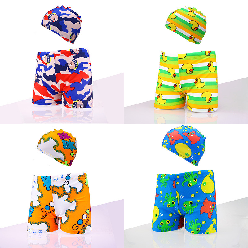 Cartoon children's flat angle swimming trunks Baby swimming trunks Boys plus size big children's hot spring bathing suit send swimming cap