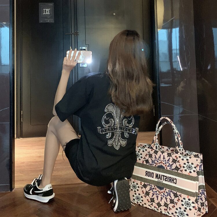 Hong Kong 2020 new half-sleeve net red tide brand hot diamond women's clothes medium and long version loose couple's short-sleeved t-shirt