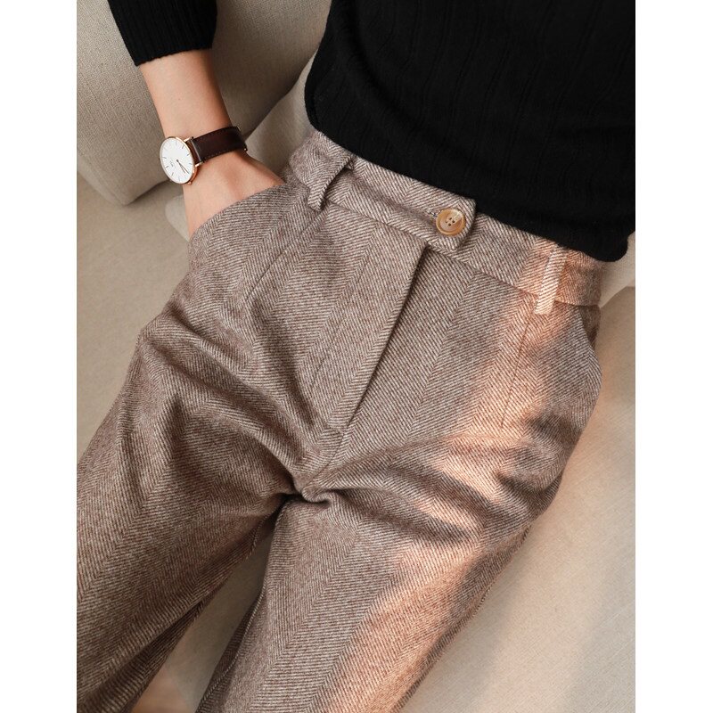 Herringbone textured thickened high waist gross underpants woman autumn winter display slim 90% smoke pipe pants Roof pants OL conical pants smoke pipe pants