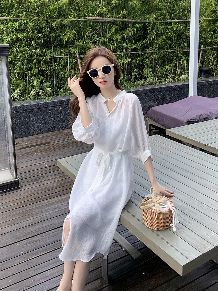French medium and long version of the gentle wind shirt-style first love dress women's summer white suspender skirt temperament two-piece set