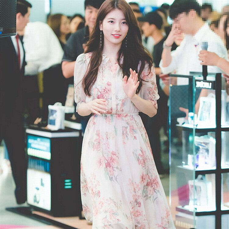 Tide Card Summer Clothing Park Shin Whi Star Pei Xiuzhi has the same section Broken Flowers Snowspun with dress Balloon Flower to collect waist printed long skirt woman-Taobao