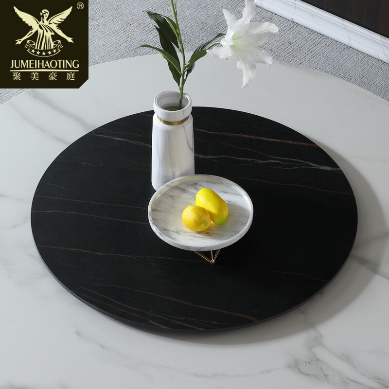Nordic marble pattern rock slab large round table with turntable round home dining table shaft hotel dining table base bearing