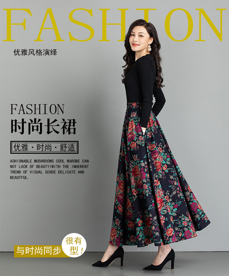 Female Cotton Linen Autumn Vintage Plus Size a-line High Waist National Fashion Big Flower Maxi Ladies Skirts for Womens