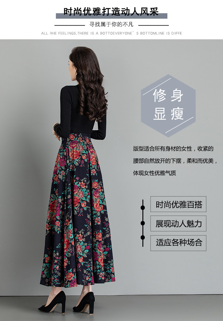 Female Cotton Linen Autumn Vintage Plus Size a-line High Waist National Fashion Big Flower Maxi Ladies Skirts for Womens