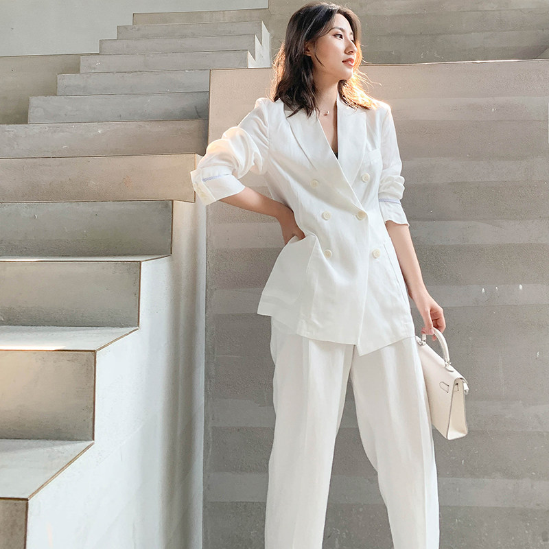 Cotton Twist Suit Suit Woman Han Edition 2022 Spring Autumn Casual High-end Temperament White Linen Fashion Little West Suit Thin
